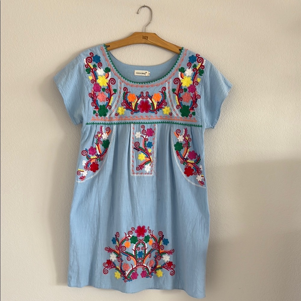 Vintage Embroidered Boho Hippie Blue Dress